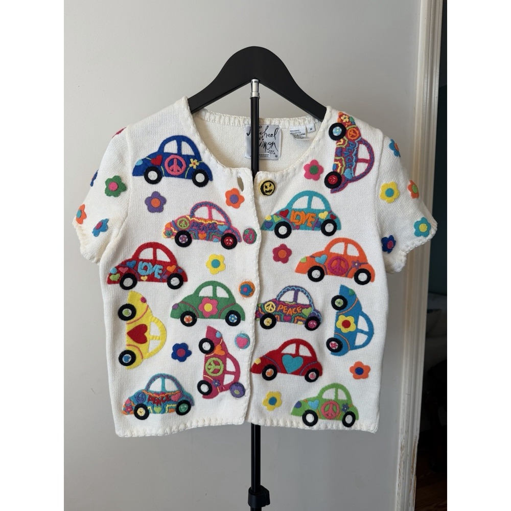 Vintage Michael Simon 1997 Beetle Car Cardigan Sweater Medium Hippie Art